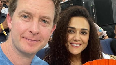 Bollywood actress Preity Zinta, right, with her husband Gene Goodenough at the India-Pakistan match in Dubai. Photo: Twitter / @realpreityzinta