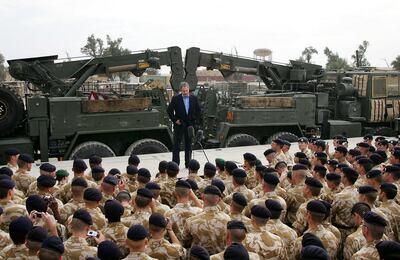 Tony Blair addresses British troops in Basra, Iraq, during the war. AFP