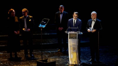 Ostap Hromysh, head of the international department of the Lviv National Opera, speaks during the ceremony