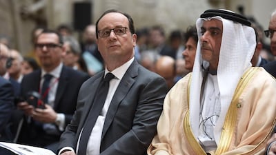 French president Francois Hollande at the conference with Sheikh Saif bin Zayed. AFP