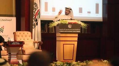 Dr Omar Al Nuaimi, assistant professor for business and economics at UAE University, at the conference. He said that at least 70 per cent of workers had claimed their skills had improved while in the UAE and 40 per cent were able to save money in the first six months. Fatima Al Marzooqi / The National