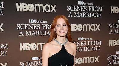 Jessica Chastain, in a black halterneck Stella McCartney dress, attends a screening of 'Scenes from a Marriage' at the Museum of Modern Art in New York on October 10, 2021. AP Photo