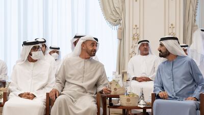 President Sheikh Mohamed speaks with Sheikh Mohammed at the Sea Palace barza.