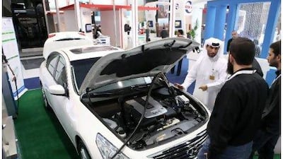 An Infiniti G37 that has been modified by ADNOC to run on compressed natural gas can be seen on display at the World Future Energy Summit yesterday in Abu Dhabi.