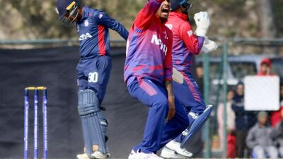 Nepal bowler Sandeep Lamichhane appeals for a wicket. Subas Humagain for The National