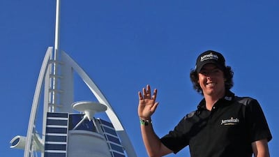 Rory McIlroy with the Burj Al Arab while in Dubai for the 210 Dubai Desert Classic, in a promotional shot for Jumeirah, who was then his primary sponsor. David Cannon / Getty Images