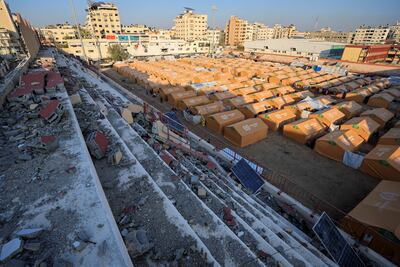 Displaced Palestinians take shelter in a tent camp set up at the damaged Palestine Stadium in Gaza City. Reuters