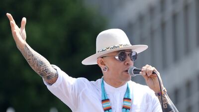 Taboo from Black Eyed Peas performs "Where is the Love?" at the "Families Belong Together: Freedom for Immigrants" March in Los Angeles. Willy Sanjuan / Invision / AP