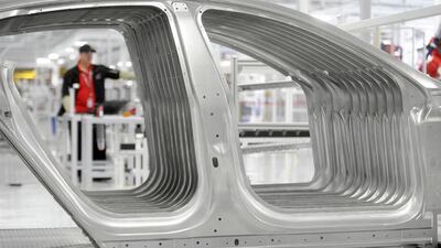 Model S side panels await installation at Tesla’s factory in California. Noah Berger / Reuters