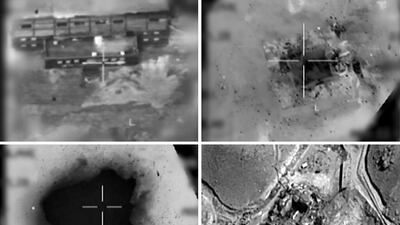 This combination of pictures created on March 20, 2018 of handout images provided by the Israeli army reportedly shows an aerial view of a suspected Syrian nuclear reactor during bombardment in 2007 Israeli Army / AFP Photo