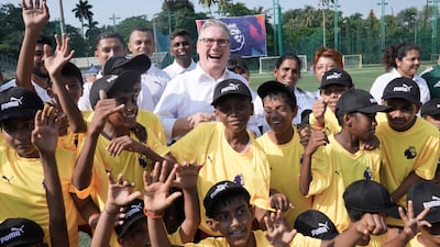 UK Prime Minister Sir Keir Starmer visits children at a football training centre in Mumbai, during a trip to India. Getty Images
