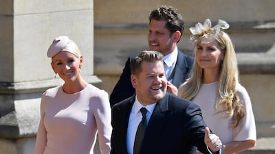 James Corden and his wife Julia Carey arrive for the wedding ceremony of Prince Harry and Meghan Markle at St. George's Chapel in Windsor Castle in Windsor. Toby Melville / AP Photo