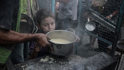 Palestinians, struggling with hunger, form a line to receive hot meals in Gaza's Al Zeitoun neighbourhood on July 31