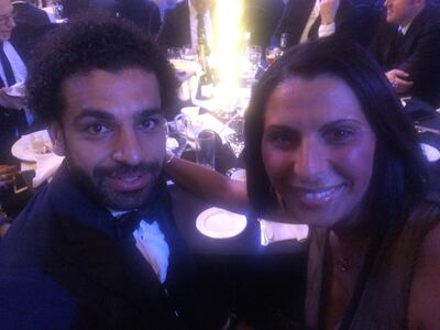 Mohamed Salah, pictured with the writer, at the PFA Player of the Year Awards. Courtesy Nabila Ramdani