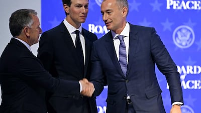 Nickolay Mladenov, right, envoy of US President Donald Trump's Board of Peace for Gaza, with Jared Kushner, centre, and US envoy Steve Witkoff at the World Economic Forum meeting in Davos in January. AFP