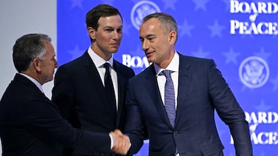 Jared Kushner, centre, and Nickolay Mladenov, right, at the Board of Peace meeting during the World Economic Forum annual meeting in Davos. AFP