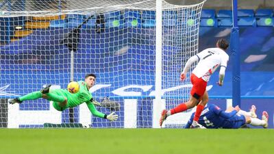 Chelsea keeper Kepa saves from Harry Cornick of Luton. Getty
