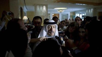 Yousef Hussein Kamal, the Qatari finance minister, yesterday speaks at the Arab Financial Institutions meeting in Dubai. Razan Alzayani / The National