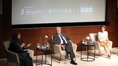 Hala Badri, director general of Dubai Culture, Paolo Glisenti, Italy’s commissioner general for Expo 2020 Dubai and Lucia Boscaini, brand curator of Bulgari during the launch of the Bulgari Contemporary Art Award in July 2021. Pawan Singh / The National