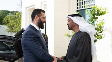 President Sheikh Mohamed receives Syrian President Ahmad Al Shara. Photo: UAE Presidential Court