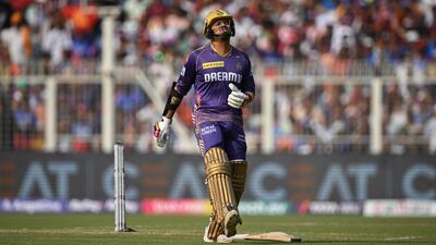 Kolkata Knight Riders' Sunil Narine reacts after an injury. He was out for 10 off 15 balls. AFP