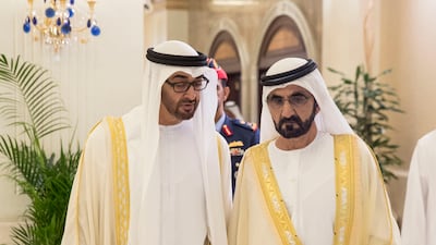 Sheikh Mohammed bin Rashid, Vice President and Ruler of Dubai (R), with Sheikh Mohamed bin Zayed, Crown Prince of Abu Dhabi and Deputy Supreme Commander of the Armed Forces at Mushrif Palace. Photo: Abu Dhabi Crown Prince Court