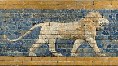 A relief of a striding lion, in glazed and moulded brick, from Babylon, 604-562 BC. Olaf M Tessmer