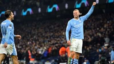 Erling Haaland celebrates after scoring his second goal. EPA