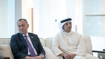 Sheikh Mansour bin Zayed, Deputy Prime Minister and Minister of the Presidential Court, attends a meeting at Al Shati Palace alongside members of the Malaysian delegation.