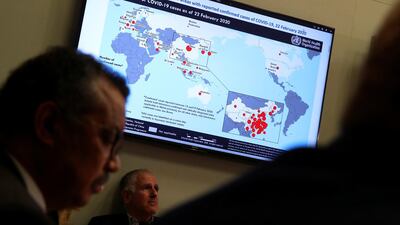 A map showing the distribution of coronavirus (COVID-2019) cases all around the world is displayed on a TV during a World Health Organization (WHO) news conference in Geneva, Switzerland. Reuters