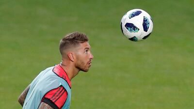 Sergio Ramos takes part in training ahead of the Uefa Super Sup. Reuters