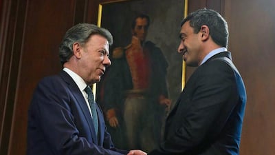 Sheikh Abdullah bin Zayed, Minister of Foreign Affairs, is greeted by the Colombian President Juan Manuel Santos at the Narino Presidential Palace in Bogota. Cesar Carrion / Presidencia de Colombia / AFP Photo