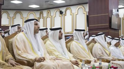 R-L: Sheikh Saeed bin Maktoum, Hussain Al Hammadi, Minister of Education, Ali Al Shamsi, Deputy Secretary-General of the Supreme National Security Council, Dr Ahmed Al Mazrouei, Chairman of the Abu Dhabi Water and Electricity Authority (ADWEA) and Secretary-General of the Executive Council and Khaldoon Al Mubarak, chief executive and Managing Director Mubadala and Chairman of the Abu Dhabi Executive Affairs Authority (EAA) attend the 2015-2016 UAE National Defense College graduation ceremony. Rashed Al Mansoori / Crown Prince Court — Abu Dhabi