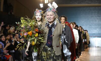 Vivienne Westwood appears on the catwalk after her show during the London Men's Fashion Week in 2017. EPA
