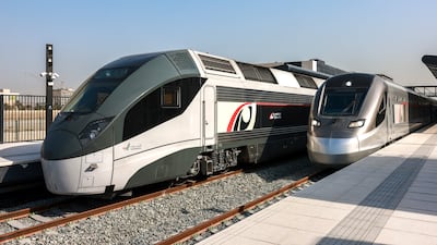 The first Etihad Rail passenger train arrives in Abu Dhabi on Tuesday. Victor Besa / The National