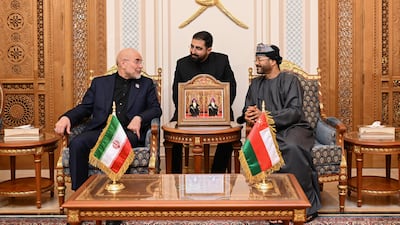 Omani Foreign Minister Badr Al Busaidi, right, during a recent meeting with Iran's Parliament Speaker Mohammad Bagher Ghalibaf. The trust Muscat built over decades is now being tested in public. Foreign Ministry Oman