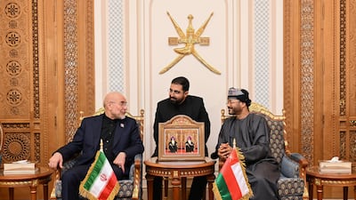 Omani Foreign Minister Badr Al Busaidi, right, during a recent meeting with Iran's Parliament Speaker Mohammad Bagher Ghalibaf. The trust Muscat built over decades is now being tested in public. Foreign Ministry Oman