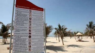 New beach regulations have been posted on a board by Dubai Municipality, at Jumeirah open beach in Dubai.