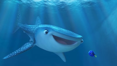 Destiny the whale shark, voiced by Kaitlin Olson, and Dory, voiced by Ellen DeGeneres, in Finding Dory. Pixar / Disney via AP Photo