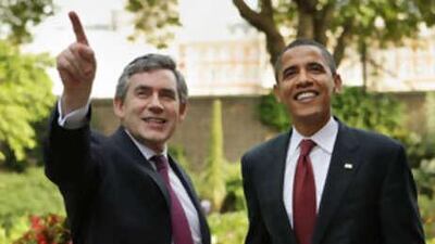 The US Democratic presidential candidate Barack Obama is seen with the British prime minister Gordon Brown, in the garden of Number 10 Downing Street.