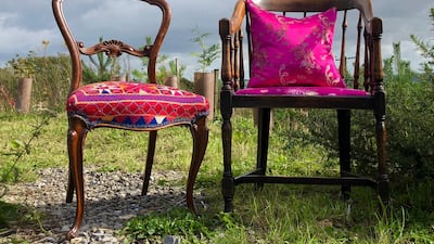 The end result of Melanie Hunt’s neatly upholstered Victorian balloon back and curved spindle-back chairs. Courtesy Melanie Hunt