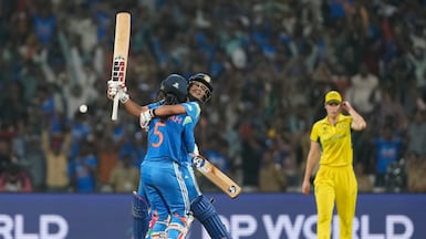 India's Jemimah Rodrigues, left, and Amanjot Kaur celebrates their win over Australia in the women's World Cup semi-final. AP