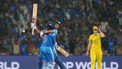 India's Jemimah Rodrigues, left, and Amanjot Kaur celebrates their win over Australia in the women's World Cup semi-final. AP