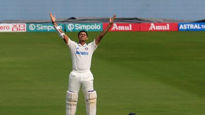 India's Yashasvi Jaiswal celebrates his double century. AP