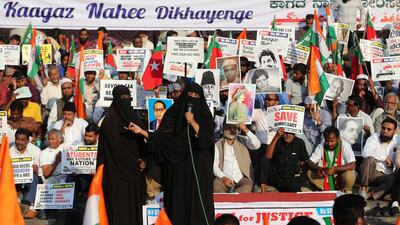 An Indian Muslim woman speaks during a protest against a new citizenship law that opponents say threatens India's secular identity in Bangalore, India. AP