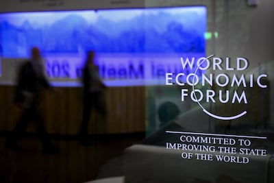 The WEF logo on show at the Davos Congress Centre in Switzerland. EPA