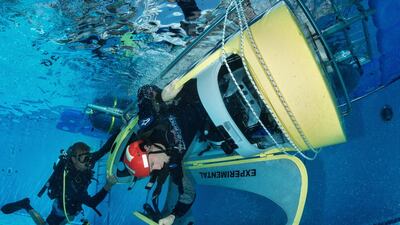 Juan Velarde of Spain seen during the underwater rescue training before the first stage of the Red Bull Air Race World Championship in Abu Dhabi. Predrag Vuckovic / Red Bull