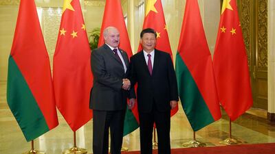 Chinese Premier Xi Jinping, right, shakes hands with Belarus President Alexander Lukashenko before the bilateral meeting of the Second Belt and Road Forum at the Great Hall of the People on Thursday, April 25, 2019 in Beijing, China. (Andrea Verdelli/Pool Photo via AP)
