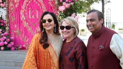 Hillary Clinton has reached the venue. Clinton was also part of the sangeet ceremony last week, seen here with Mukesh Ambani and his wife Nita Ambani on December 8. Reliance Industries Limited via AP