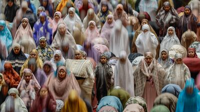 Worshippers performing taraweeh prayers on the first eve of Ramadan at the Istiqlal Mosque in Jakarta, Indonesia. EPA